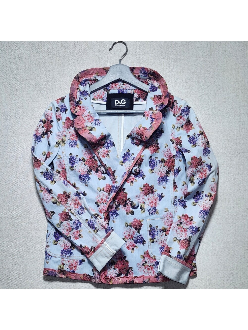 Y2K D&G Dolce & Gabbana Floral Pink Rose Ruffled Cotton Blazer IT 40 / US 4